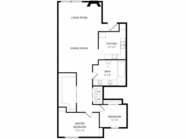 Floor plan for 2 beds, 1 bath, 1000 sqft